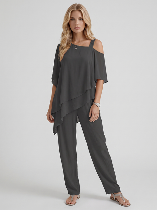 Ines Cold Shoulder Chiffon Pants Set Black
