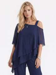 Ines Cold Shoulder Chiffon Pants Set Navy Blue view 2