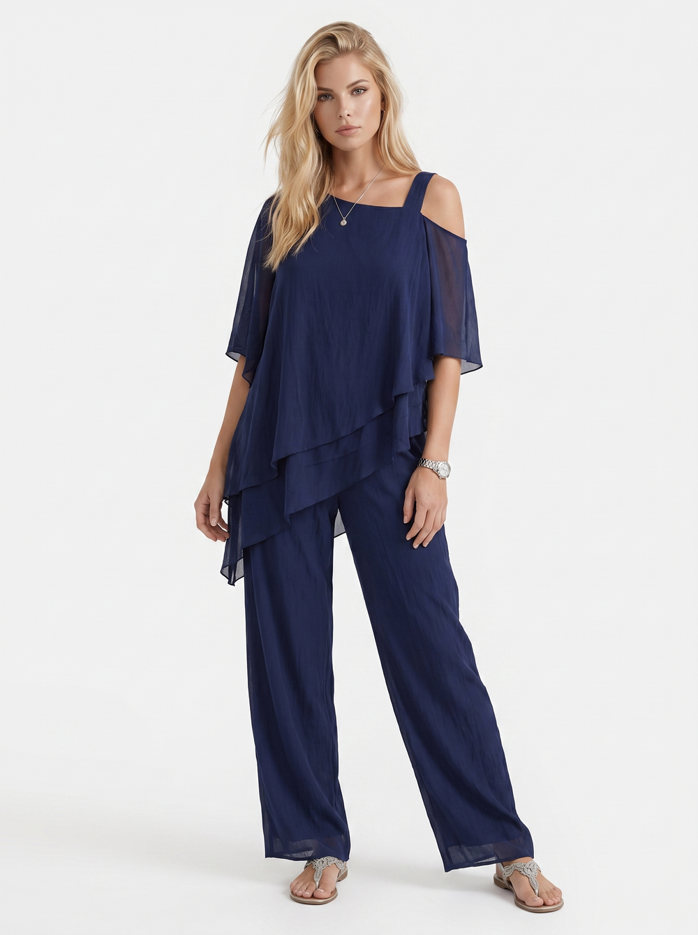 Ines Cold Shoulder Chiffon Pants Set Navy Blue