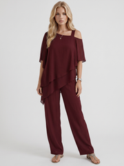 Ines Cold Shoulder Chiffon Pants Set Red view 1