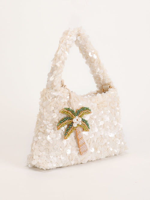 Iza Sequin Shoulder Party Bag with Palm Charm White