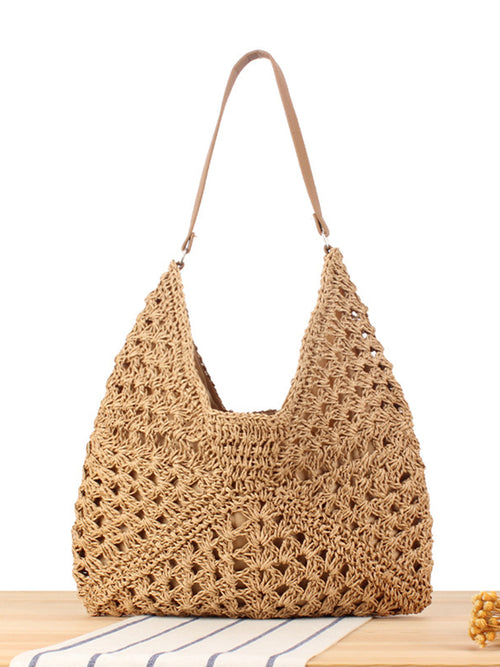 Jenny Embroidered Woven Crochet Shoulder Beach Bag Brown