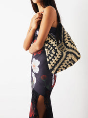 Jenny Embroidered Woven Crochet Shoulder Beach Bag Black view 3
