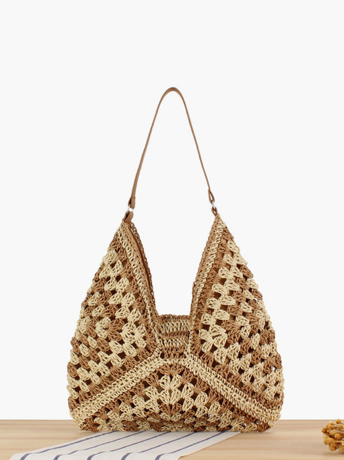 Jenny Embroidered Woven Crochet Shoulder Beach Bag Brown