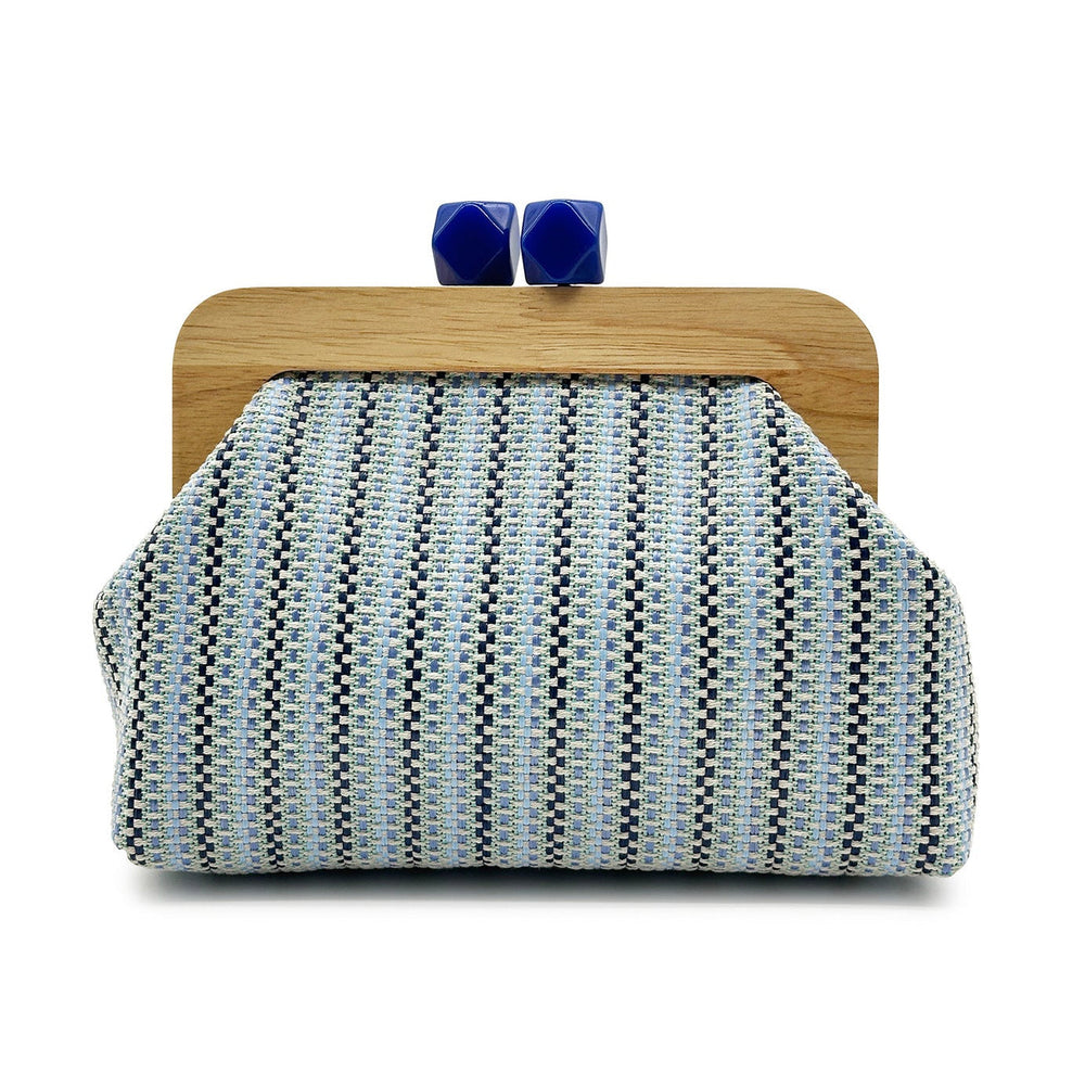 Kaia Boho Woven Clutch Bag with Wooden Frame Blue