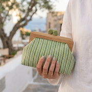 Kaia Boho Woven Clutch Bag with Wooden Frame Light Green view 1