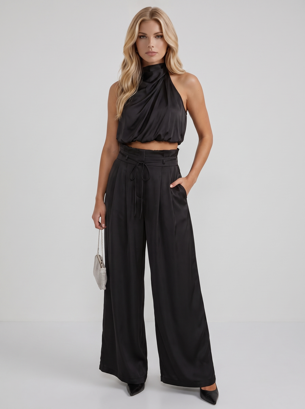 Kassia Satin Halter Pants Set Black