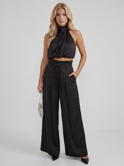 Kassia Satin Halter Pants Set Black