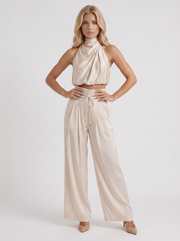Kassia Satin Halter Crop Top Wide Leg Pants Set Champagne view 3