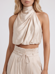 Kassia Satin Halter Crop Top Wide Leg Pants Set Champagne view 6