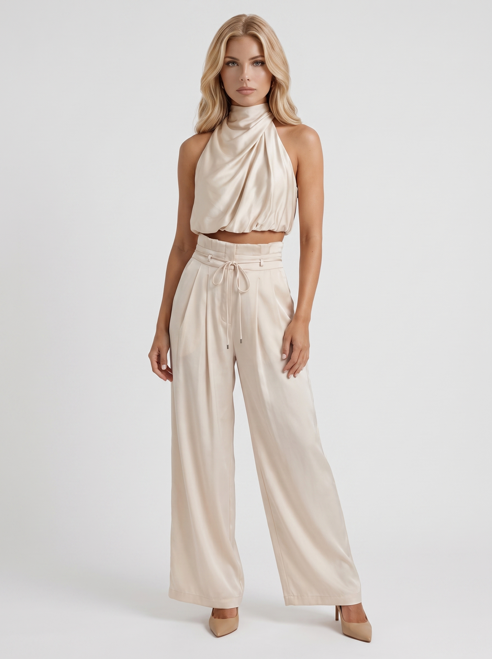 Kassia Satin Halter Crop Top Wide Leg Pants Set Champagne