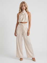 Kassia Satin Halter Crop Top Wide Leg Pants Set Champagne view 1