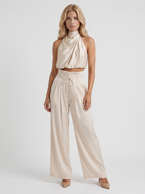 Kassia Satin Halter Crop Top Wide Leg Pants Set Champagne