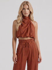 Kassia Satin Halter Crop Top Wide Leg Pants Set Red view 2
