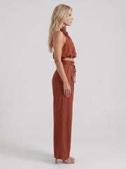 Kassia Satin Halter Crop Top Wide Leg Pants Set Red view 4