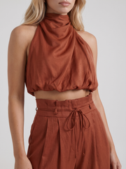 Kassia Satin Halter Crop Top Wide Leg Pants Set Red view 6