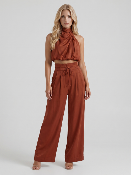 Kassia Satin Halter Crop Top Wide Leg Pants Set Red