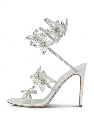 Kimberly Floral Rhinestone Wrap Strap Stiletto Sandals Silver