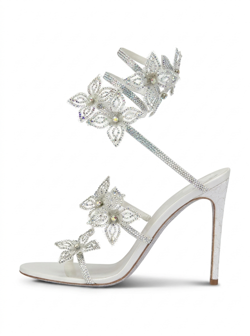 Kimberly Floral Rhinestone Wrap Strap Stiletto Sandals Silver