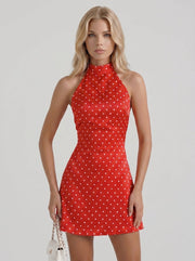 Layla High Neck Halter Polka Dot Mini Dress Red view 2