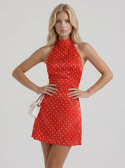 Layla High Neck Halter Polka Dot Mini Dress Red view 3