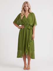 Lucienne Wrap Midi Dress Olive Green view 1