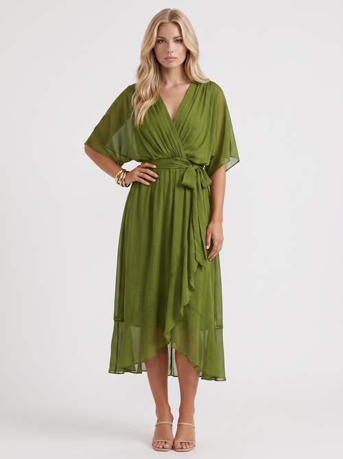 Lucienne Wrap Midi Dress Olive Green