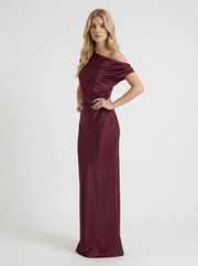Marabelle One Shoulder Satin Draped Maxi Dress Wine Red view 3