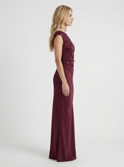 Marabelle One Shoulder Satin Draped Maxi Dress Wine Red view 4