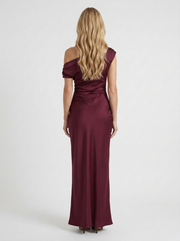 Marabelle One Shoulder Satin Draped Maxi Dress Wine Red view 5