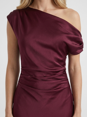 Marabelle One Shoulder Satin Draped Maxi Dress Wine Red view 6