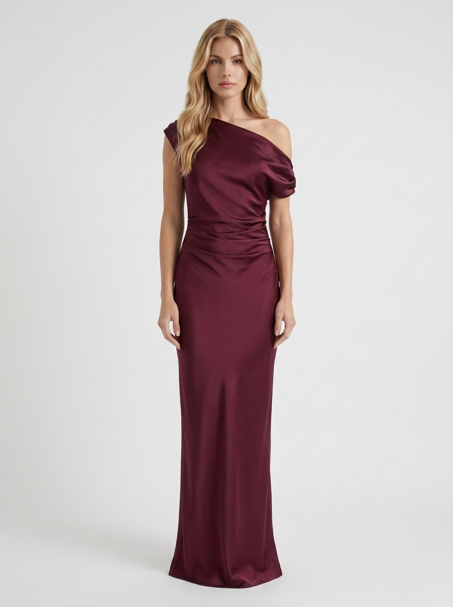 Marabelle One Shoulder Satin Draped Maxi Dress Wine Red