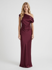 Marabelle One Shoulder Satin Draped Maxi Dress Wine Red view 1