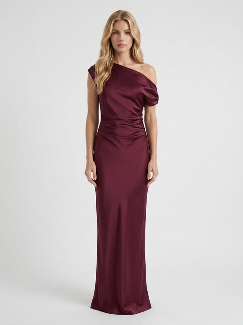 Marabelle One Shoulder Satin Draped Maxi Dress Wine Red