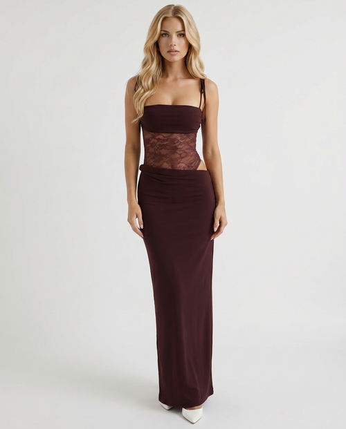 Maren Lace Panel Bodycon Maxi Dress Burgundy