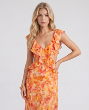 Marisol V Neck Ruffle Floral Maxi Dress Orange view 2