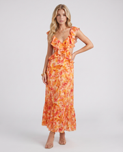 Marisol V Neck Ruffle Floral Maxi Dress Orange view 1