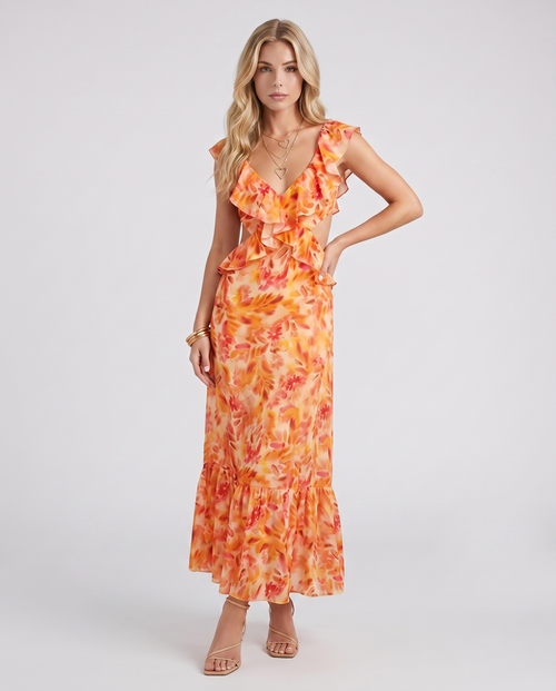 Marisol V Neck Ruffle Floral Maxi Dress Orange