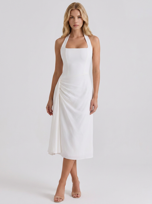 Mia Halter Square Neck Midi Dress White