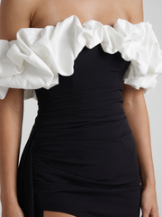 Mira Off Shoulder Ruffle Bardot Bodycon Maxi Dress Black & White view 6