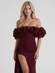 Mira Off Shoulder Ruffle Bardot Bodycon Maxi Dress Cherry Red view 2