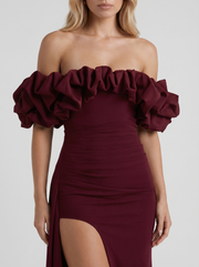 Mira Off Shoulder Ruffle Bardot Bodycon Maxi Dress Cherry Red view 6