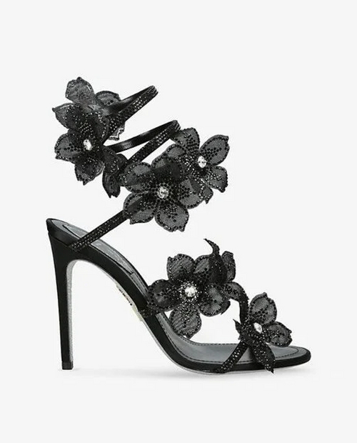 Morgan Floral Rhinestone Wrap Strap Stiletto Sandals Black