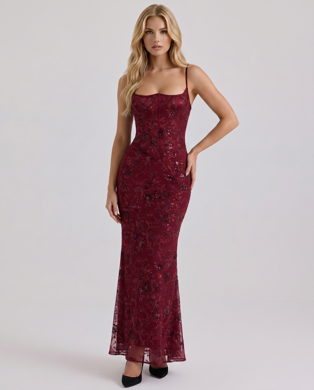 Naima Floral Lace Corset Maxi Dress Burgundy