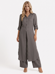 Nell Linen Button Front Wide Leg Pants Set Dark Grey view 1