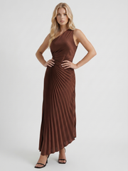 Opaline One Shoulder Sunray Pleated Maxi Dress Chocolate view 3