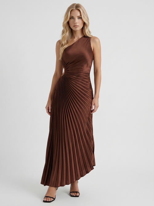 Opaline One Shoulder Sunray Pleated Maxi Dress Chocolate