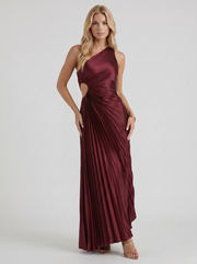 Opaline One Shoulder Sunray Pleated Maxi Dress Wine view 3