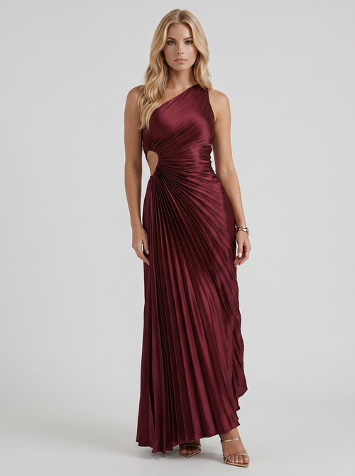 Opaline One Shoulder Sunray Pleated Maxi Dress Wine
