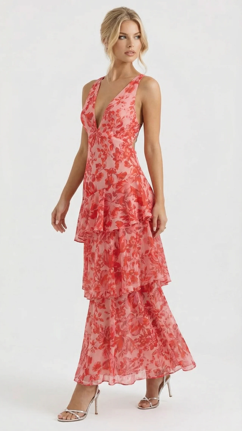 Penelope Ruffle Maxi Dress Red